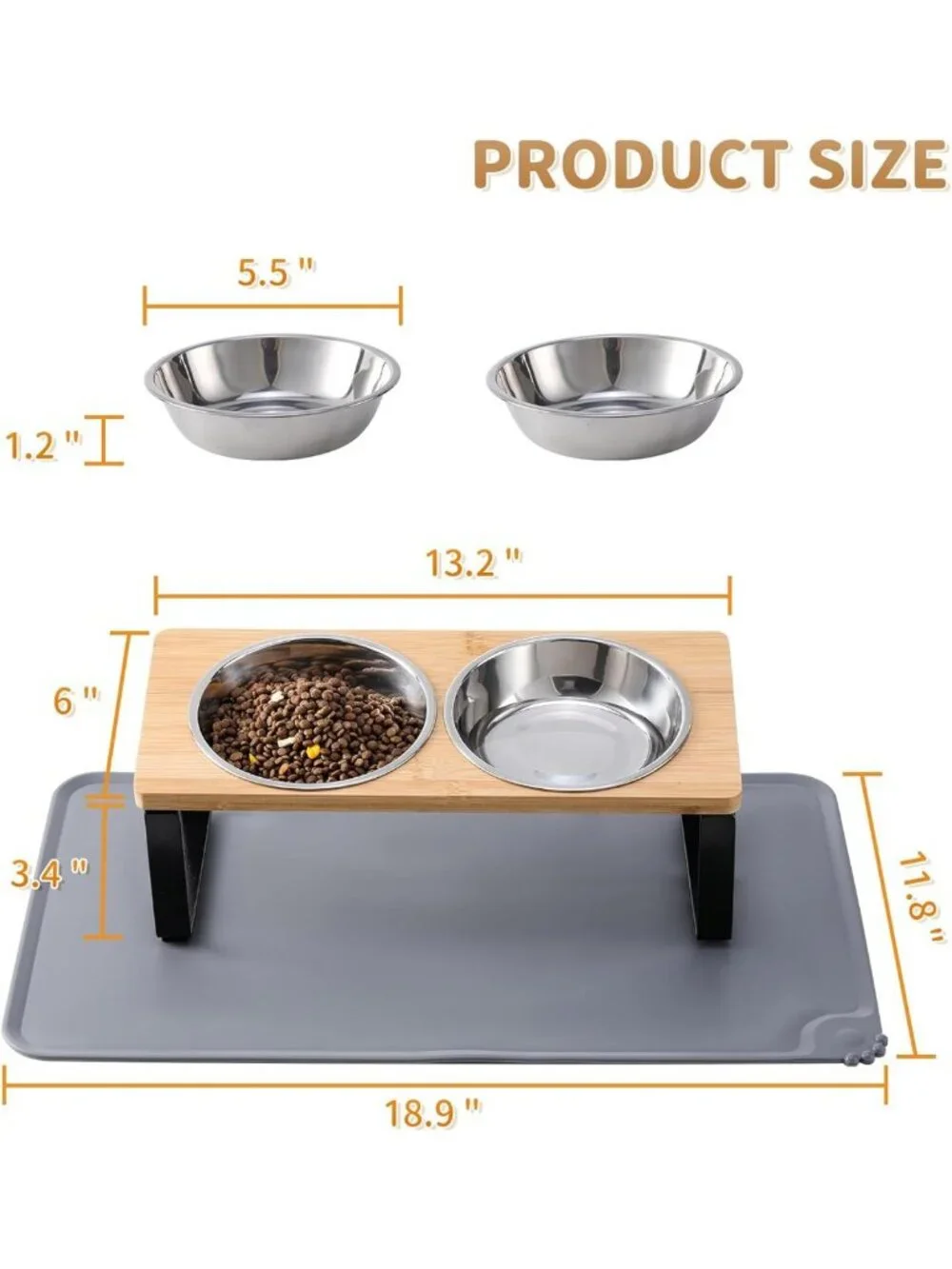 Elevated Cat Bowls with Anti-Vomiting Tilted Stand & Food Mat - 2 Stainless